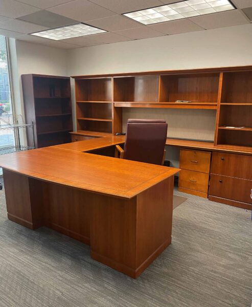 Executive U Desk Unit with File Cabinets and Storage Hutch